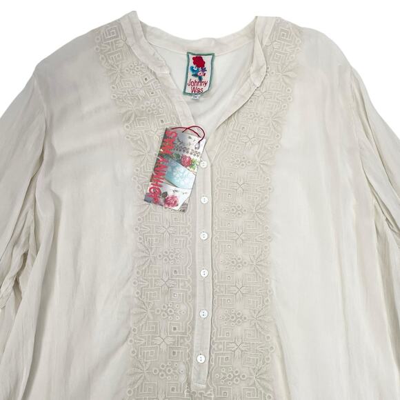 JOHNNY WAS Womens 1X Embroidered Sheer Sleeve Boho Tunic Shirt Top NWT - Picture 2 of 10